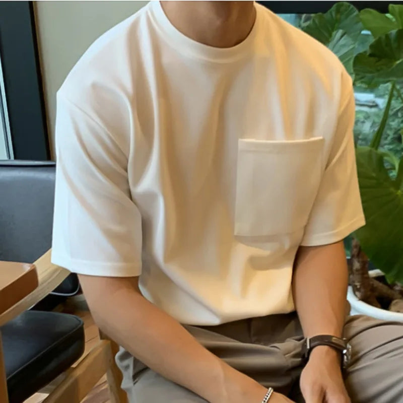 Summer Men's T-shirt Solid Color Pullover Casual Loose Round Neck Male Short Sleeve T-shirts New Top Pocket 2025 9W1358