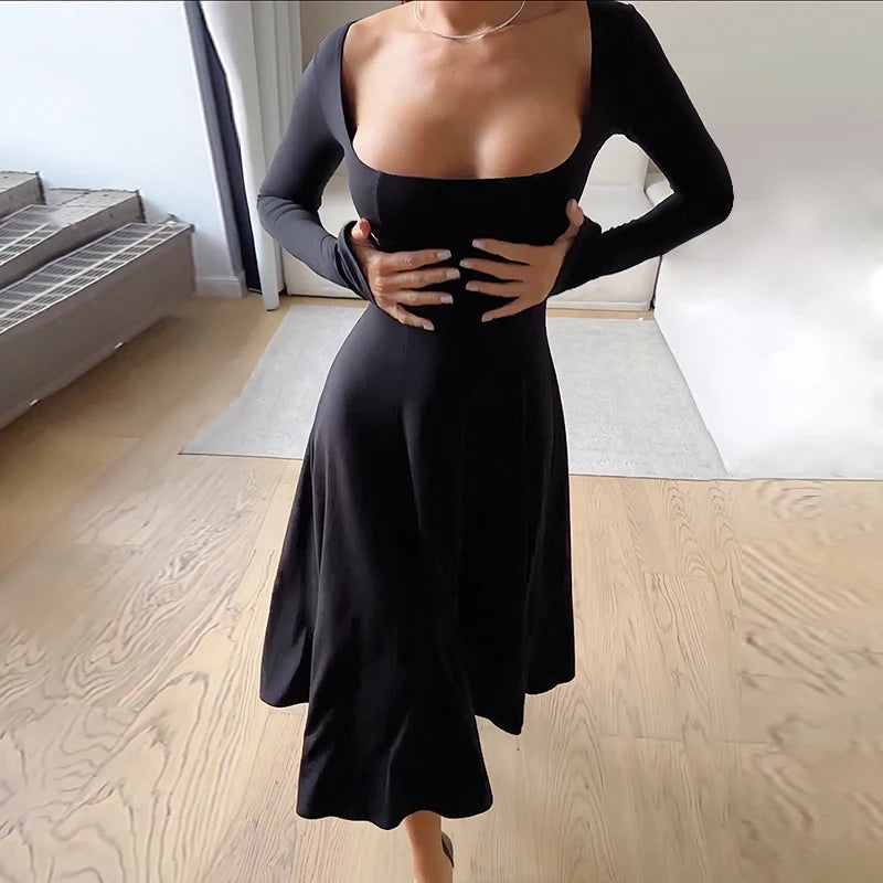 Fashion Elegant Square Neck Black Sexy Dress Solid Slim Club Party Autumn Dress Long Side Slit Ladies Outfits Casual