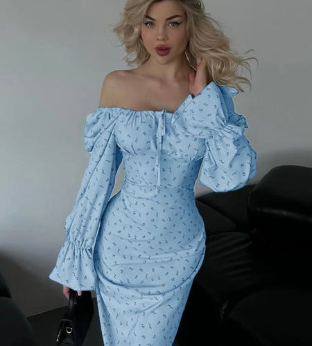 Elegant Single Shoulder Long Sleeve Printed Bodycon Dress Women Sexy Square Neck Slimming Holiday Beach Street Clothing