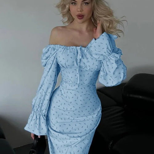 Load image into Gallery viewer, Elegant Single Shoulder Long Sleeve Printed Bodycon Dress Women Sexy Square Neck Slimming Holiday Beach Street Clothing
