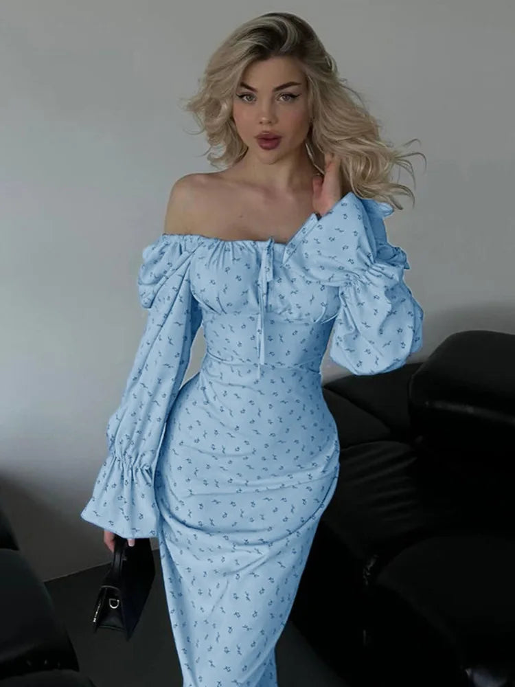 Elegant Single Shoulder Long Sleeve Printed Bodycon Dress Women Sexy Square Neck Slimming Holiday Beach Street Clothing