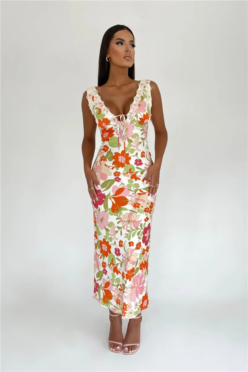 Floral Print Backless Maxi Dress For Women 2023 New V Neck Sleeveless Bodycon Long Dresses Ladies Elegant Sexy Dress