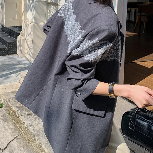 Load image into Gallery viewer, Women Gray Lace Spliced Big Size Elegant Blazer New Lapel Long Sleeve Jacket Fashion Tide Spring Autumn 2025 1DH9712
