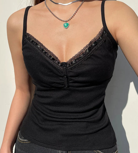 Strap Y2K V Neck Lace Trim Black Crop Top Women Chic Folds Mini Camisole Fashion Basic Summer Tops Backless Knit Goth