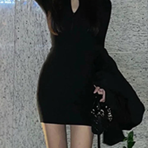 Load image into Gallery viewer, Tight Hip Black Sexy Slim Women&#39;s Dresses French Style Polo Neck Zipper Knitting Fashion Female Streetwear Simple Dress
