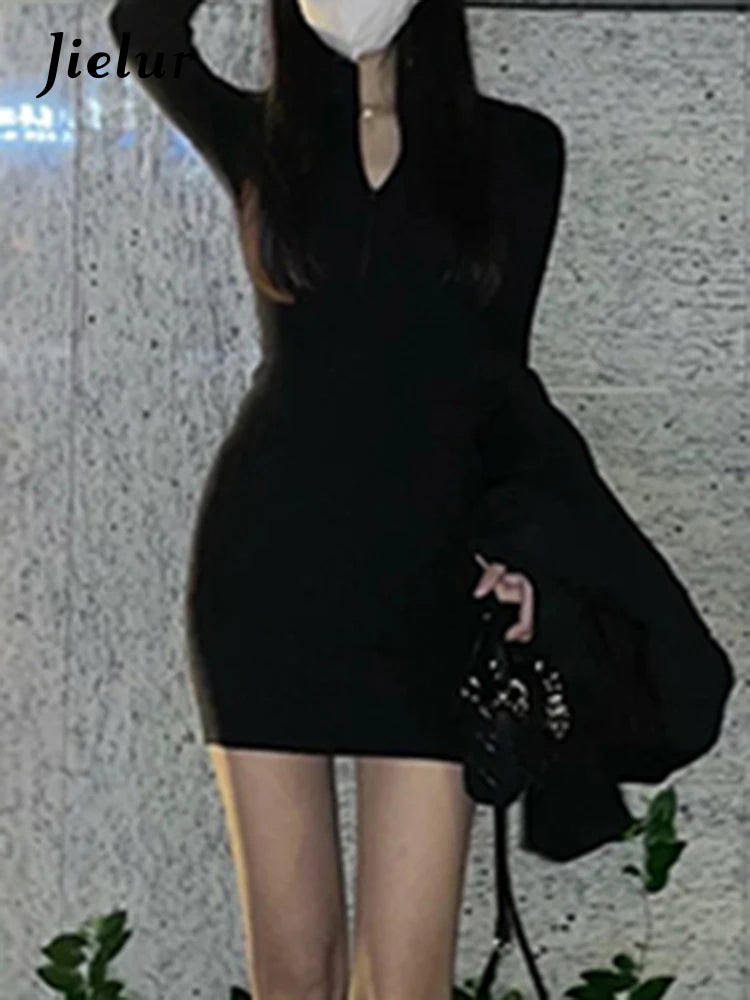 Tight Hip Black Sexy Slim Women's Dresses French Style Polo Neck Zipper Knitting Fashion Female Streetwear Simple Dress