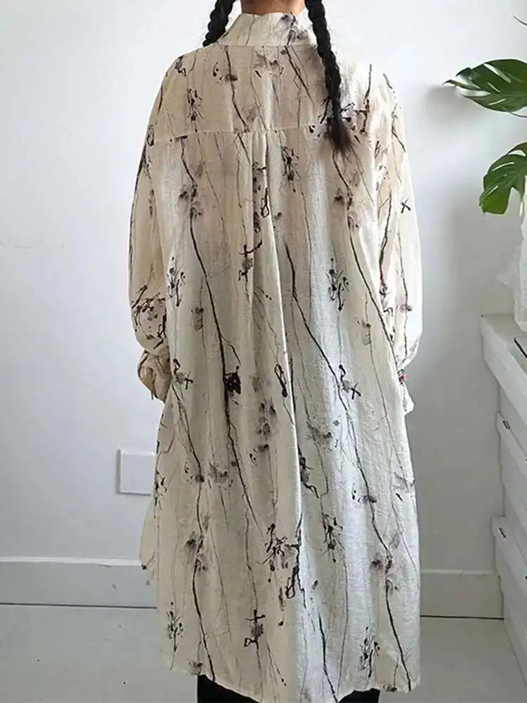 Women Apricot Textured Big Size Vintage Blouse New Stand Collar Long Sleeve Shirt Fashion Tide Spring Autumn 2025 1DH6987