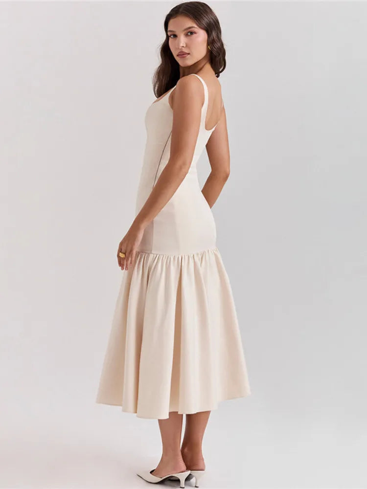 Backless Maxi Fishtail Dress For Women Gown Fashion Square Collar Sleeveless Loose Pleated Long Dress Elegant Dresses