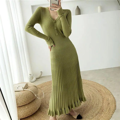 Load image into Gallery viewer, Elegant Knitted Long Dress Women Flare Sleelve V Neck Ruffles Single Breasted Bodycon Dresses Party Fashion Office Lady Vestidos

