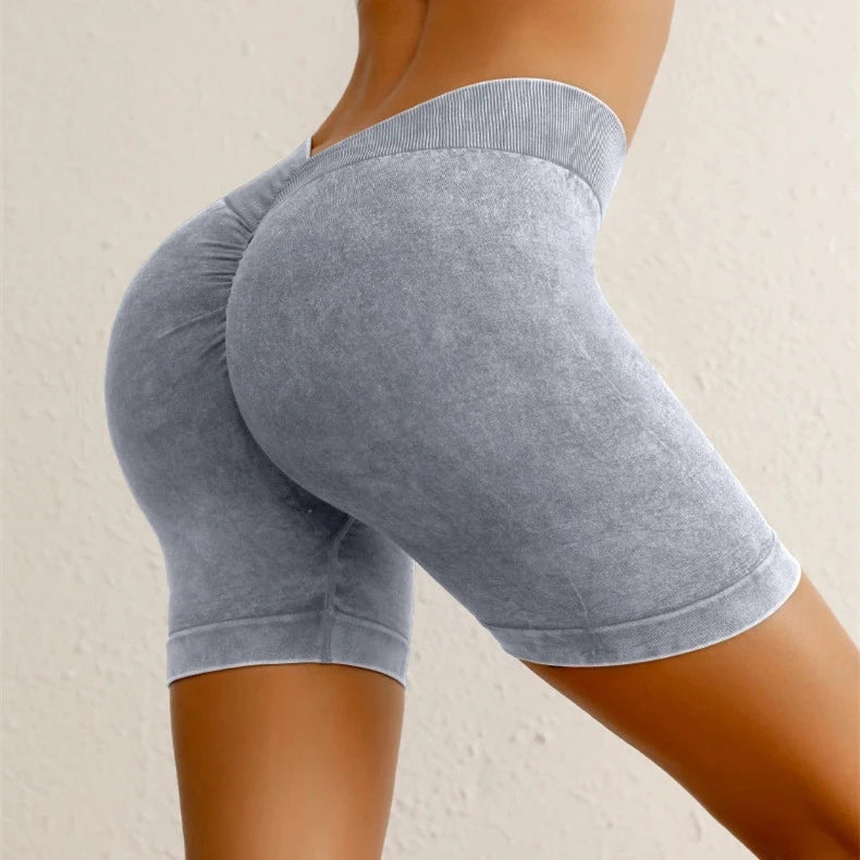Washing Seamless High Stretch Sports Yoga Shorts Women V Back Hip Gym Cycling Elastic Tights Denim Active Exercise Shorts