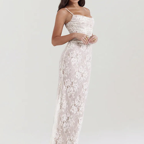 Load image into Gallery viewer, Elegant Lace Print Maxi Dress Set Women Fashion Spaghetti Strap Long Sleeve Bodycon Club Party Sexy Long Dress
