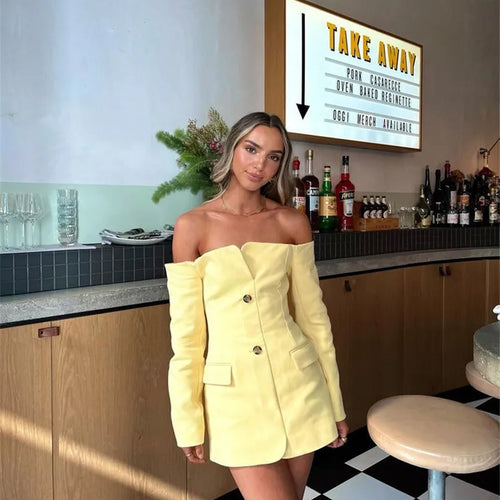 Load image into Gallery viewer, Off-shoulder Strapless Sexy Blazer Dress For Women Fashion Solid Zipper Two Pocket Long Sleeve Backless Mini Dress
