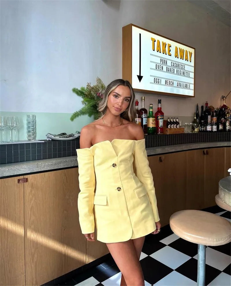 Off-shoulder Strapless Sexy Blazer Dress For Women Fashion Solid Zipper Two Pocket Long Sleeve Backless Mini Dress