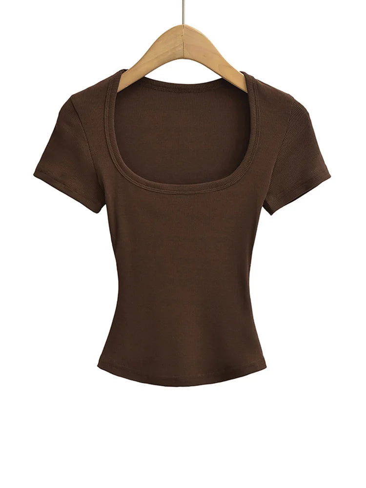 Square Collar High Stretch Summer Crop Tops Women Short Sleeve Tops Sexy Pullover Bottoming Blouses Slim T-shirt