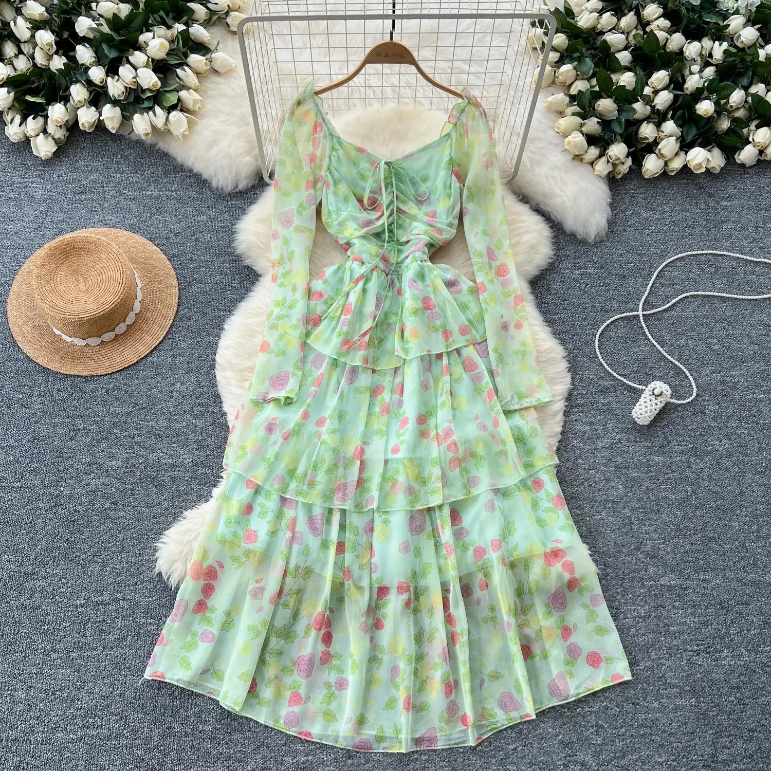 Vintage Autumn Flower Elegant Square Neck Lace-up Cake Dress Women Long Sleeves Festival Pleated Sundress Fashion Bohemian Trend