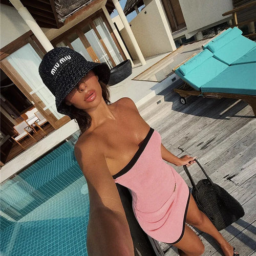 Load image into Gallery viewer, Off-shoulder Strapless Sexy Knit Dress Women Robe Contrast Color Sleeveless Backless Bodycon Beach Mini Dress Knitwear
