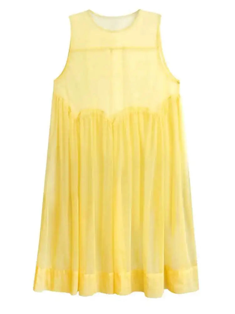 Women Black Big Hem Mesh Big Size Elegant Perspective Dress New Round Neck Sleeveless Fashion Spring Summer 2025 1DH6298