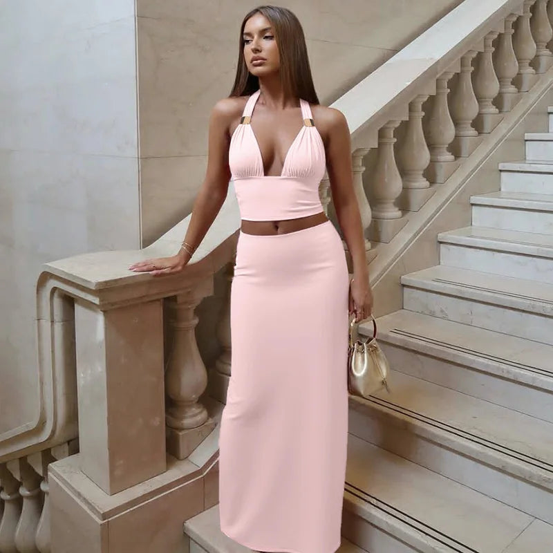 Elegant Summer 2 Piece Sets Women Metal Ring Crop Tops And Maxi Skirt Female Fashion Solid Lace-up Beach Two Piece Sets