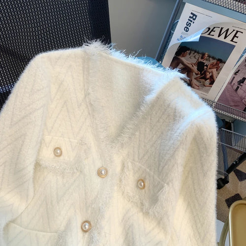 Load image into Gallery viewer, Korean White Imitation Mink Knitted Tops Women Spring Autumn Soft Cardigan Pink Sweater Casual Green Tassel Design Stripe Coat
