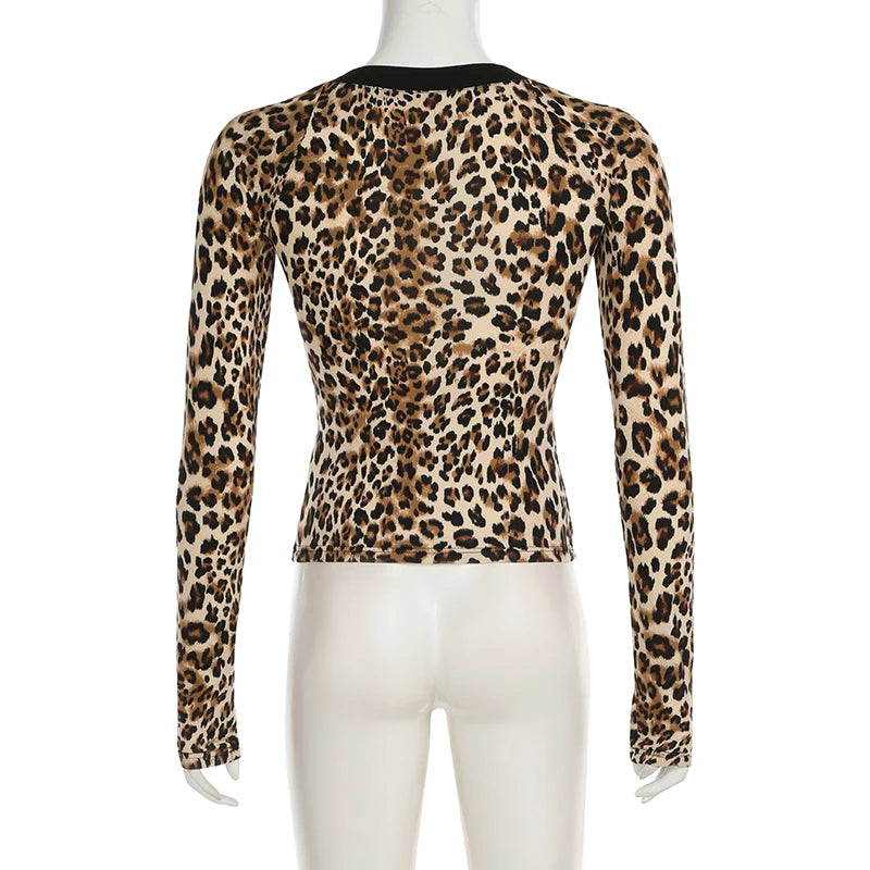 Sexy Leopard Print Skinny Chest T-shirt For Women Spring Y2K Aesthetic Cropped Tops Spring Summer Stitching Retro Tee