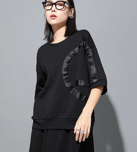 Women Black Ruffles Irregular Spliced Big Size T-shirt New Round Neck Long Sleeve Fashion Tide Spring Autumn 2025 1DJ1267