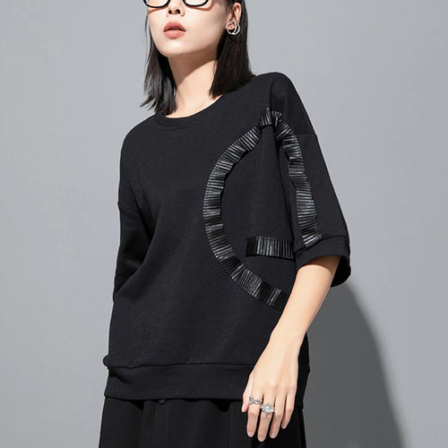 Load image into Gallery viewer, Women Black Ruffles Irregular Spliced Big Size T-shirt New Round Neck Long Sleeve Fashion Tide Spring Autumn 2025 1DJ1267
