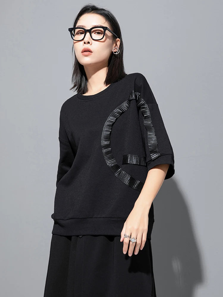 Women Black Ruffles Irregular Spliced Big Size T-shirt New Round Neck Long Sleeve Fashion Tide Spring Autumn 2025 1DJ1267