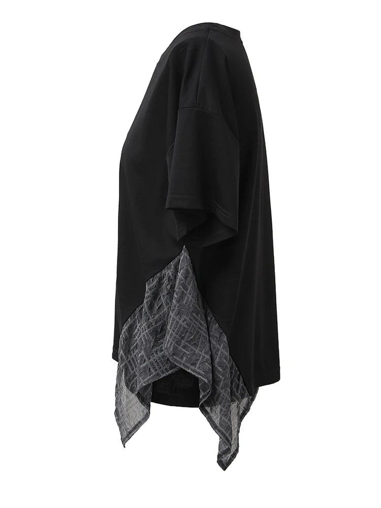 Women Black Irregular Spliced Big Size Casual T-shirt New Round Neck Short Sleeve Fashion Tide Spring Summer 2025 CPG1356