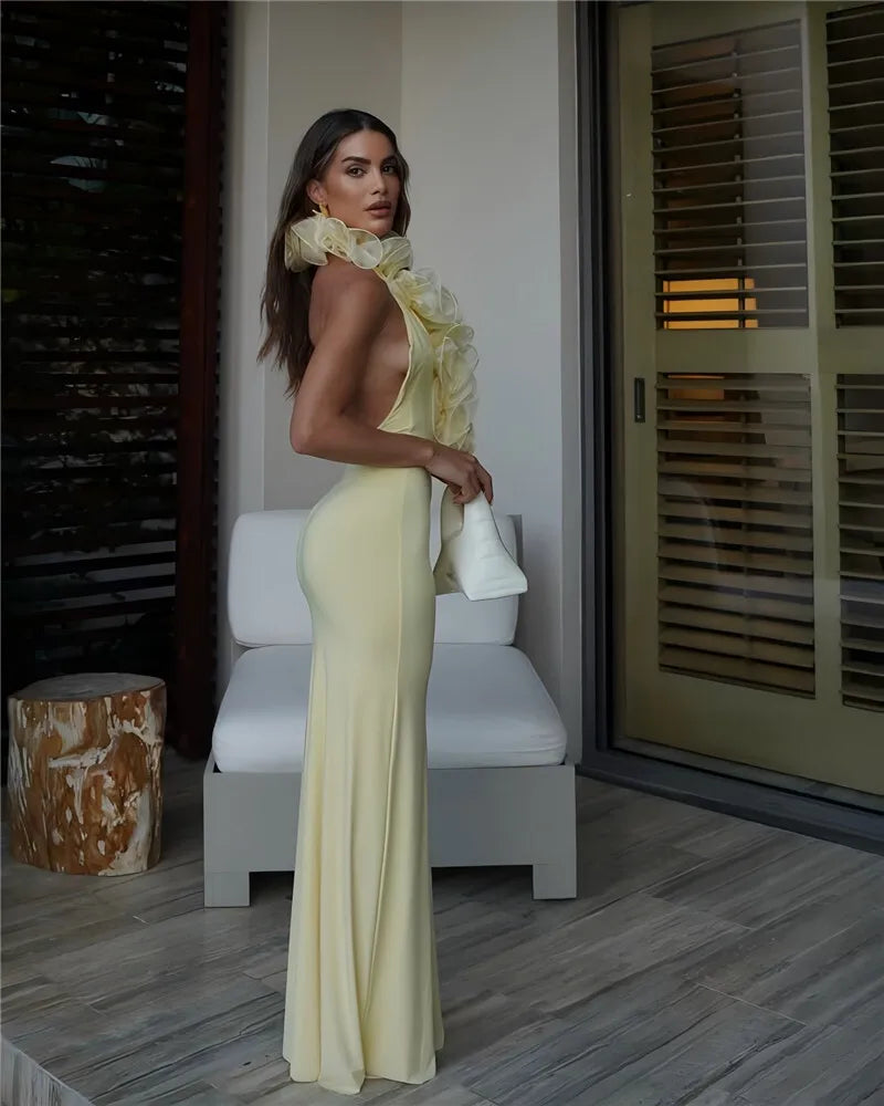 Mesh Rose Deep V Neck Sexy Maxi Dress For Women Gown Elegant Halter Sleeveless Backless Bodycon Club Party Long Dress