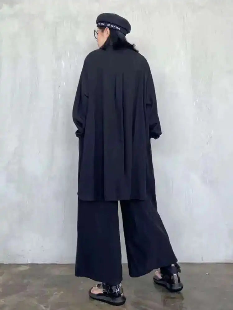Wide Leg Pants Big Size Two Piece Suit New Lapel Long Sleeve Black Loose Fit Women Fashion Tide Spring Autumn 2025 1DF0685