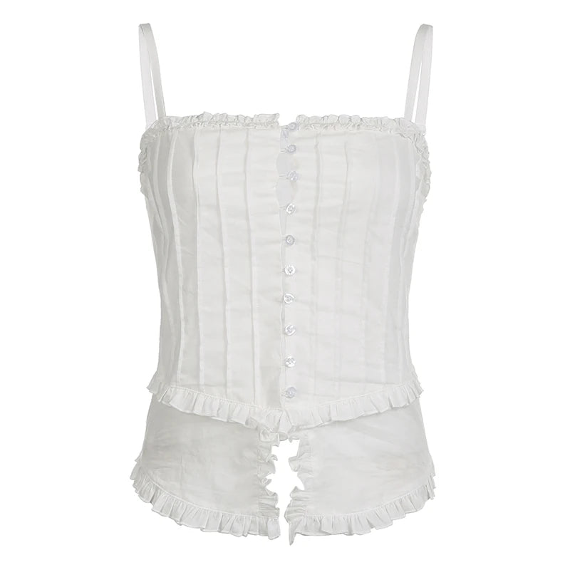 Chic Strap White Ruffles Frill Summer Strap Camisole Tops Slit Buttons Korean Vintage Female Top Ruched Party Outfits