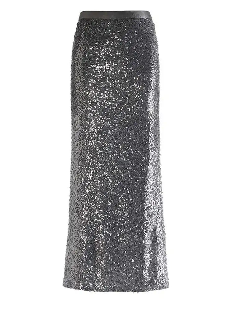 High Elastic Waist Gray Sequins Shining Elegant Long Half-body Skirt Women Fashion Tide New Spring Autumn 2025 1DH7488