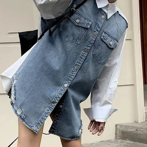 Load image into Gallery viewer, Spliced Denim Casual Blouses For Women Lapel Long Sleeve Single Breasted Loose Casual Shirts Female Fashion Clothes
