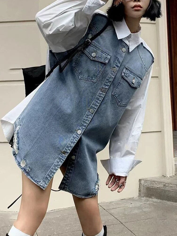 Spliced Denim Casual Blouses For Women Lapel Long Sleeve Single Breasted Loose Casual Shirts Female Fashion Clothes