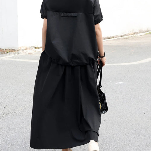 Load image into Gallery viewer, Women Black Spliced Brief Big Size Casual T-shirt New Round Neck Short Sleeve Fashion Tide Spring Summer 2025 1DJ0803
