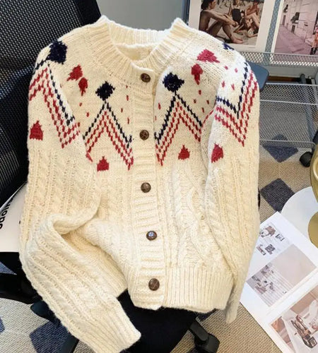 Autumn Winter Vintage White Patchwork Cardigan Sweater Women Korean Pink Single-breasted Long Sleeved Elegant Knitted Tops Thick