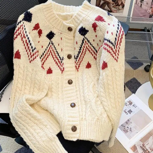 Load image into Gallery viewer, Autumn Winter Vintage White Patchwork Cardigan Sweater Women Korean Pink Single-breasted Long Sleeved Elegant Knitted Tops Thick
