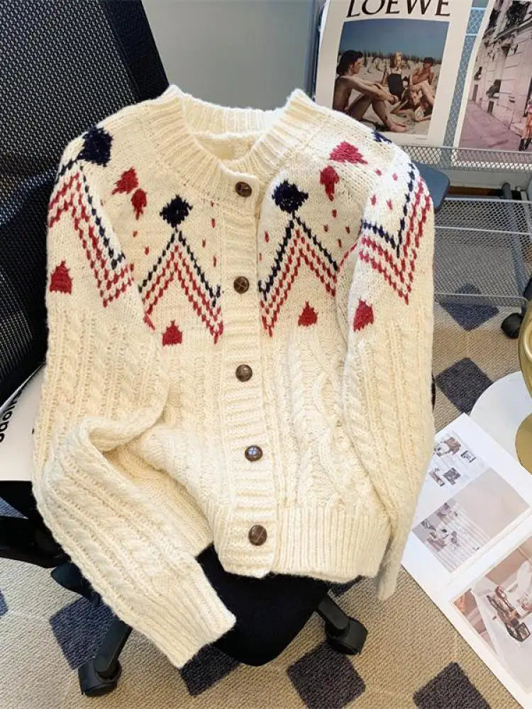 Autumn Winter Vintage White Patchwork Cardigan Sweater Women Korean Pink Single-breasted Long Sleeved Elegant Knitted Tops Thick