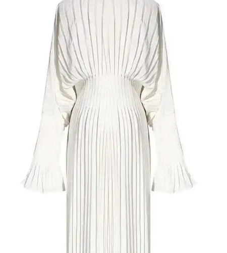 Women White Pleated Elegant Big Size Midi Shirt Dress New V-Neck Long Flare Sleeve Fashion Tide Spring Autumn 2025 1W3260