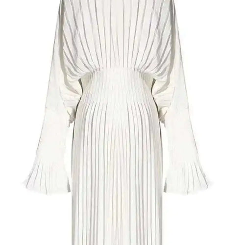 Load image into Gallery viewer, Women White Pleated Elegant Big Size Midi Shirt Dress New V-Neck Long Flare Sleeve Fashion Tide Spring Autumn 2025 1W3260
