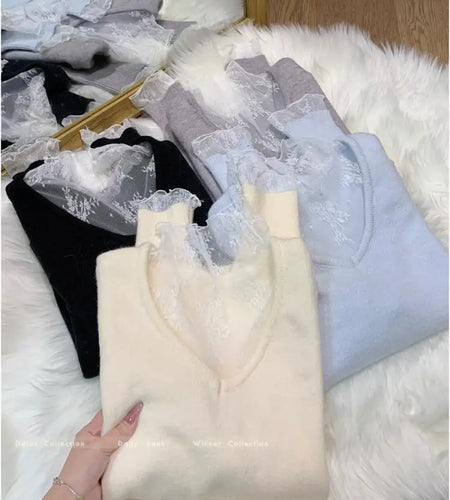 Autumn Winter New Solid Patchwork Lace Long Sleeved Knit Sweater Vintage Elegant Festival Half High Neck Pullover Slim Top Women