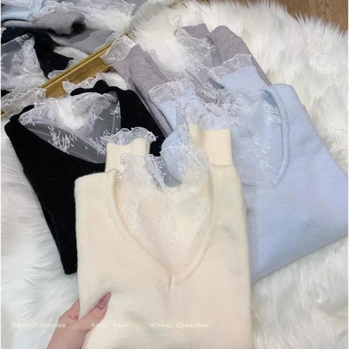 Load image into Gallery viewer, Autumn Winter New Solid Patchwork Lace Long Sleeved Knit Sweater Vintage Elegant Festival Half High Neck Pullover Slim Top Women
