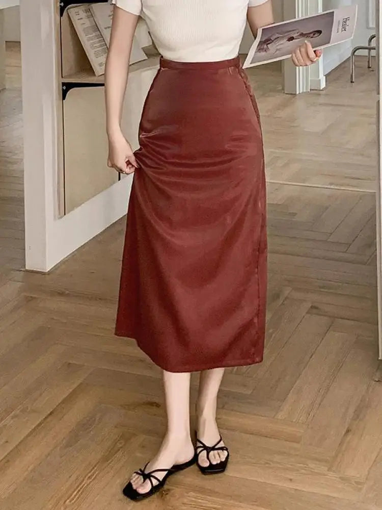 Spring Summer Korean Fashion Black Elegant Office Long Skirts For Women Red High Waisted Holiday Straight Half Skirt Simplicity