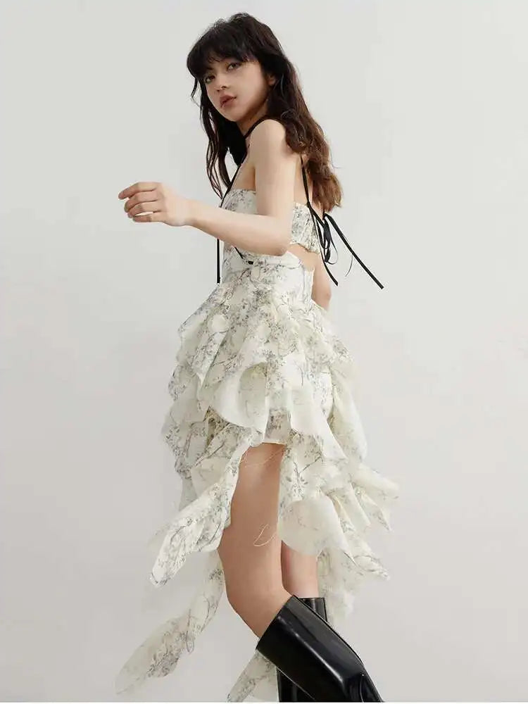Women Printed Hollow Out Ruffles Mini Irregular Strapless Dress New Sleeveless Fashion Tide Spring Summer 2025 1DH6272