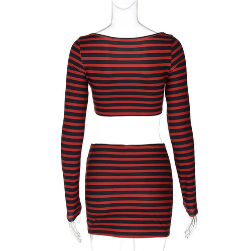 Load image into Gallery viewer, Striped Print Sexy Two Piece Set Women Floral V Neck Long Sleeve T-shirt And Mini Skirt Matching Set Sexy Two Piece Set
