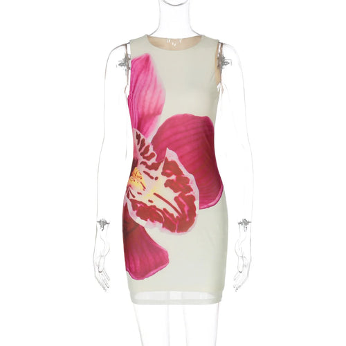 Load image into Gallery viewer, Mesh Floral Print Sexy Mini Dress Women Robe Summer New O Neck Sleeveless Slim Beach Holiday Bodycon Club Dress
