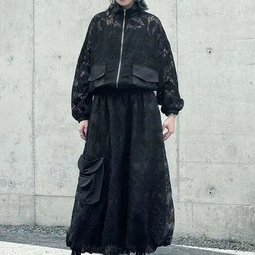 Load image into Gallery viewer, Black Lace Jacket Pocket Skirt Two Pieces Suit New Stand Collar Long Sleeve Women Fashion Tide Spring Autumn 2025 1DJ0248

