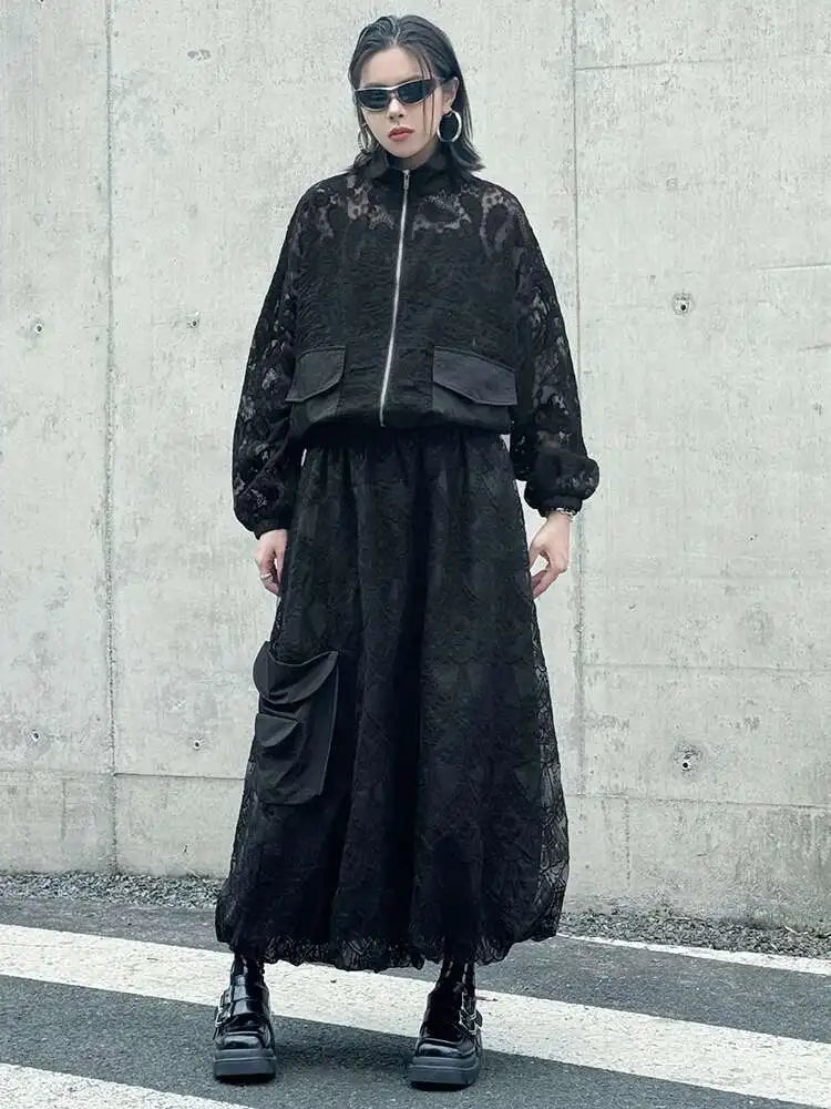 Black Lace Jacket Pocket Skirt Two Pieces Suit New Stand Collar Long Sleeve Women Fashion Tide Spring Autumn 2025 1DJ0248
