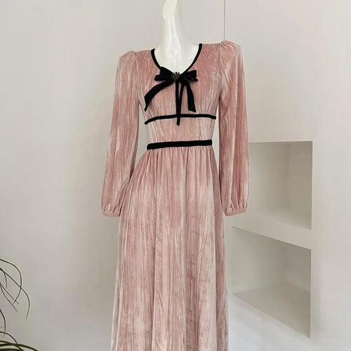 Load image into Gallery viewer, French Retro Women Pink Velvet Patchwork Slim Bow Dress Autumn Winter Long Sleeved High Waist Pleated Evening Party Dress Trendy

