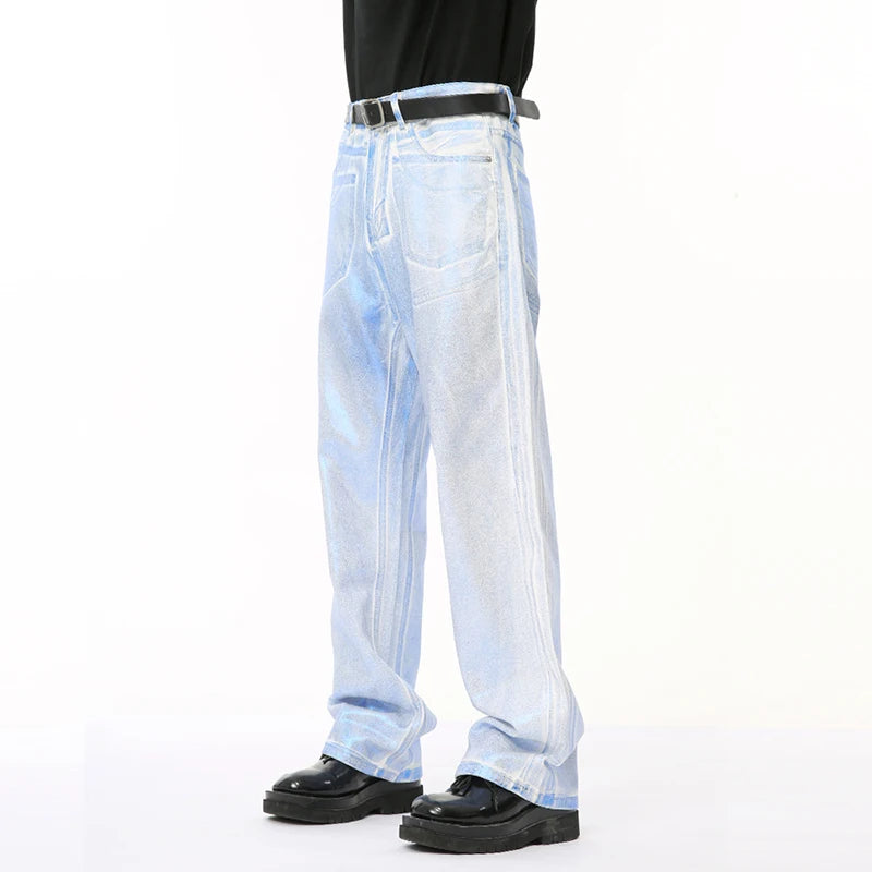 Male Silver Blue Deinm Pants New High Street Apply Wax Gloss Straight Loose Men's Jeans Summer Chic Trendy 9C6672